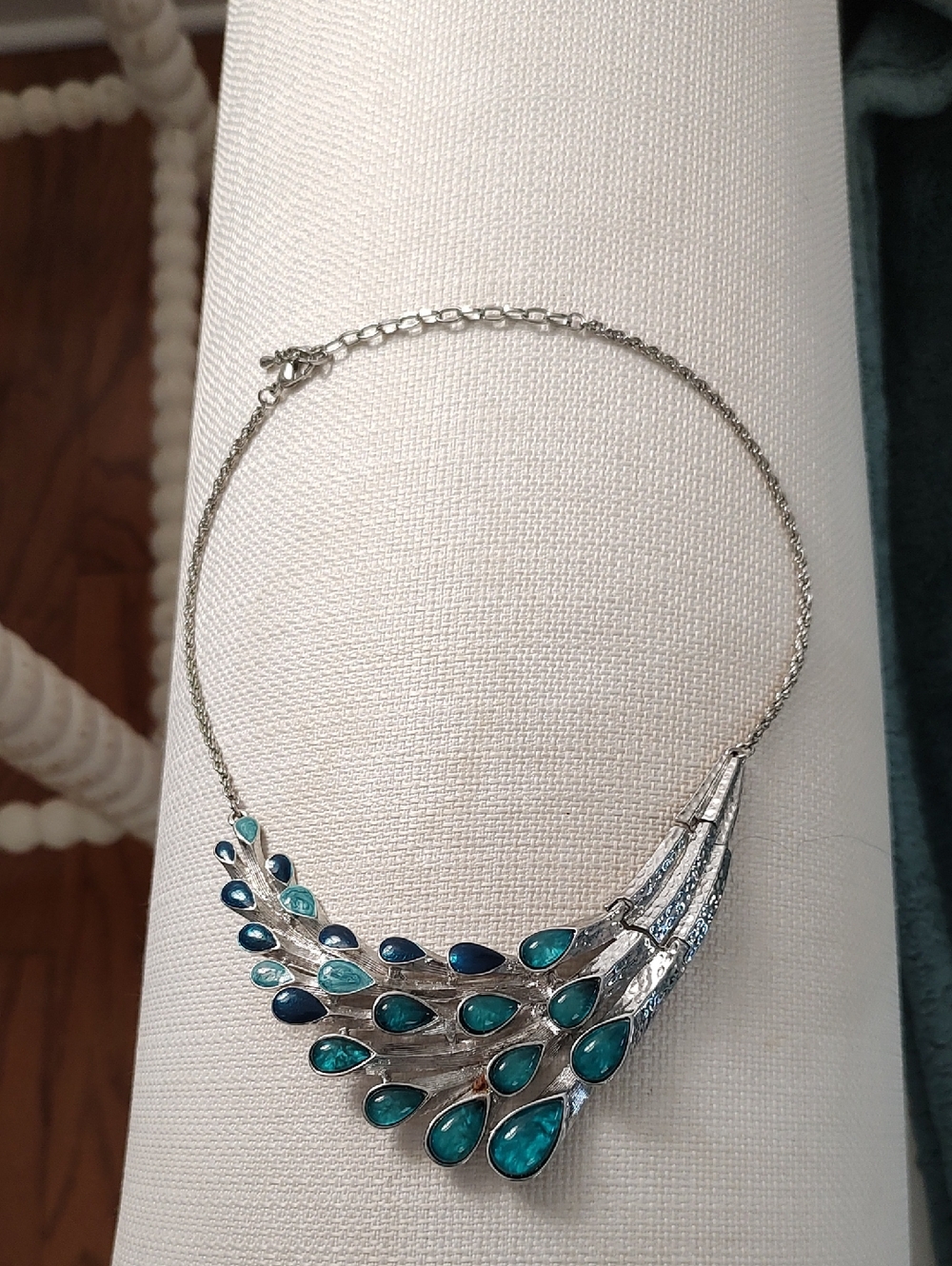 Silver-Tone Necklace with Teal and Navy Teardrop Accents